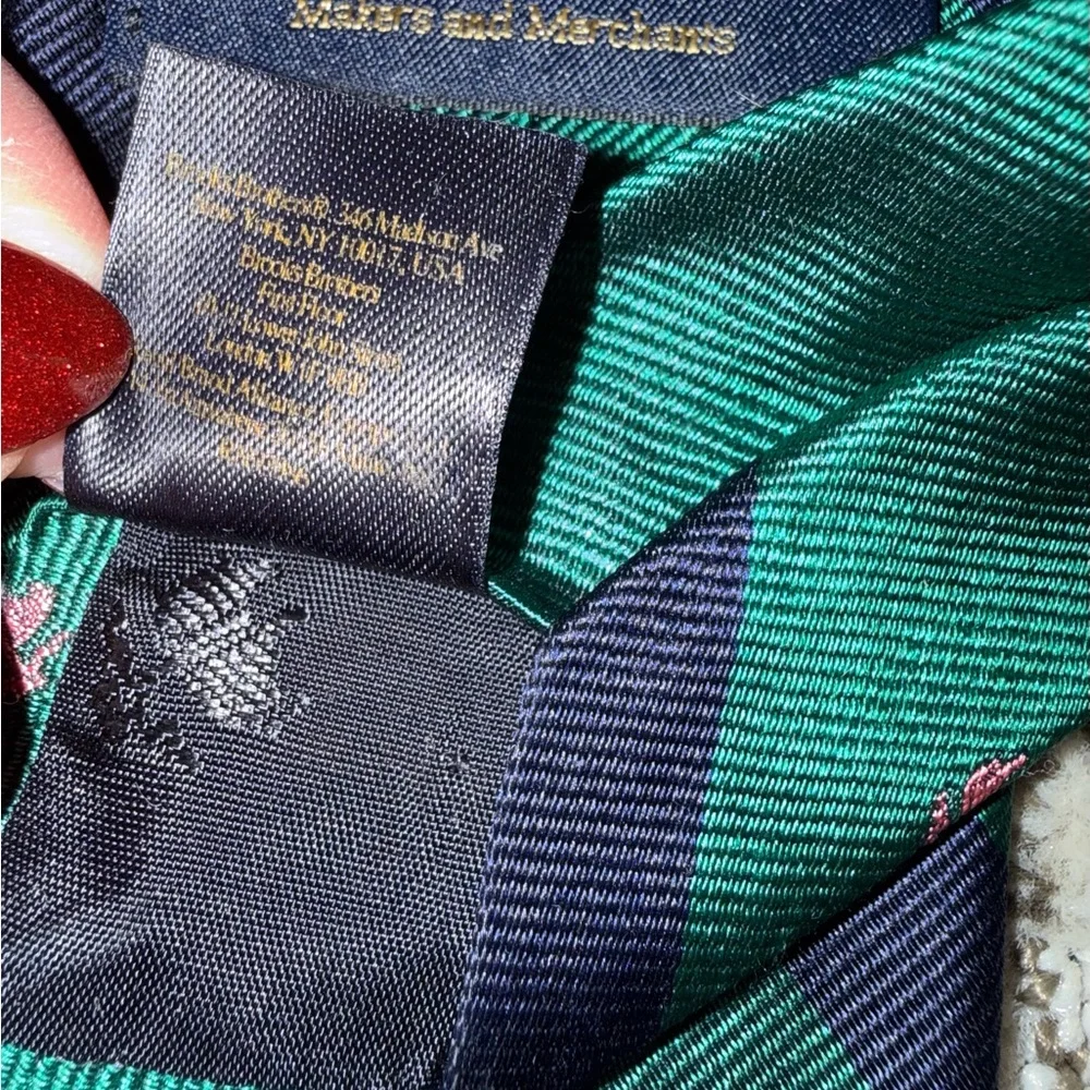 Brooks Brothers Men’s Repp Tie Green Navy Pink Embroidered Sheep‎ Logo